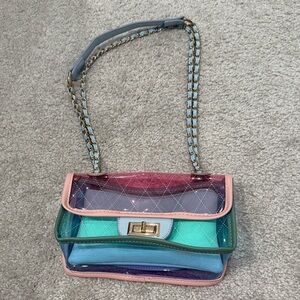 Amazon multi color PVC turn lock shoulder bag